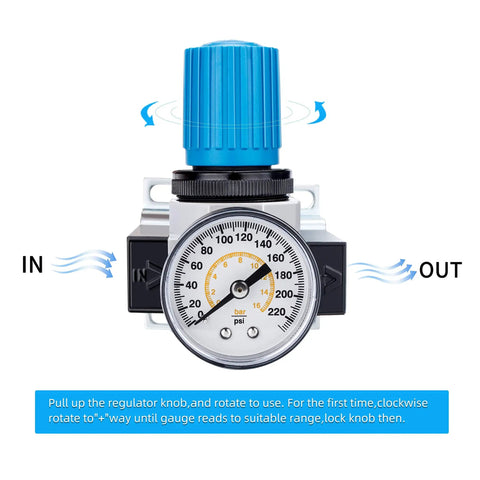 Three Eighths Inch NPT High Pressure Air Regulator With Steel Guarded Gauge, showing front view with gauge and control knob