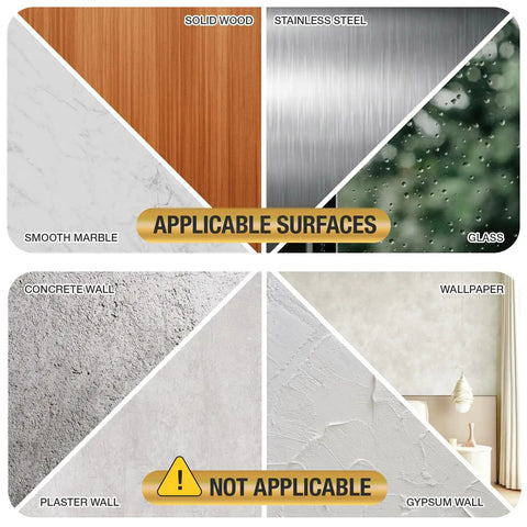 Image showing applicable surfaces for Matte Black Stainless Steel Toilet Paper Holder With Adhesive Mount, and non-applicable ones.