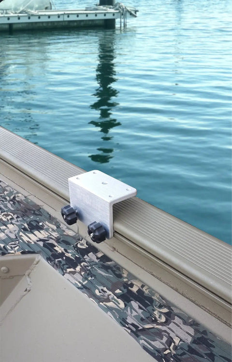 Rugged Heavy Duty Aluminum Rocket Launcher Rod Holder With 90 Degree Gunnel Track System, Fully Adjustable 360 Degree Rotation And Tilt, Over 9 Inch Tubing, Marine Grade CNC Machined, Built For Versatrack And Lund Ranger Lowe Boats mounted on boat gunnel