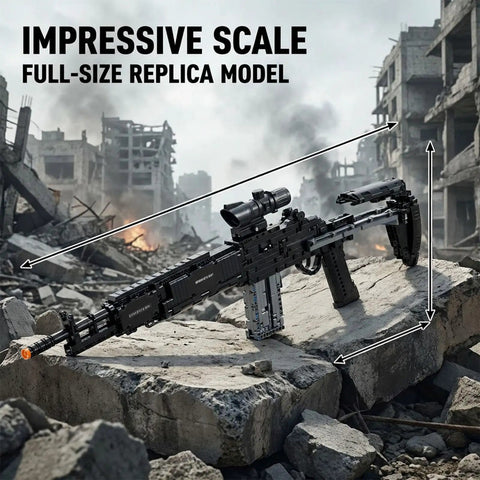 One To One Scale MK14 Style Gun Block Set with 1568 pieces shown in full on a rocky terrain backdrop