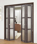 Space-Saving Bi-Fold Doors For 60 By 80 Inch Openings installed, classic American style, ancient wood finish and frosted glass
