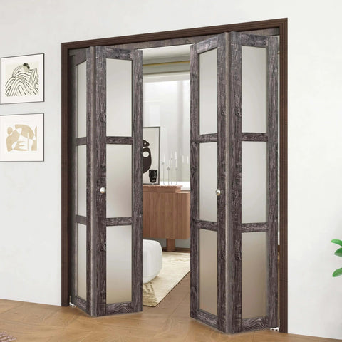 Space-Saving Bi-Fold Doors For 60 By 80 Inch Openings installed, classic American style, ancient wood finish and frosted glass