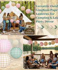 12 Pack Camp Bachelorette Paper Lanterns Set in Gingham Green Tan Pink hanging in a camping setting with women gathered.