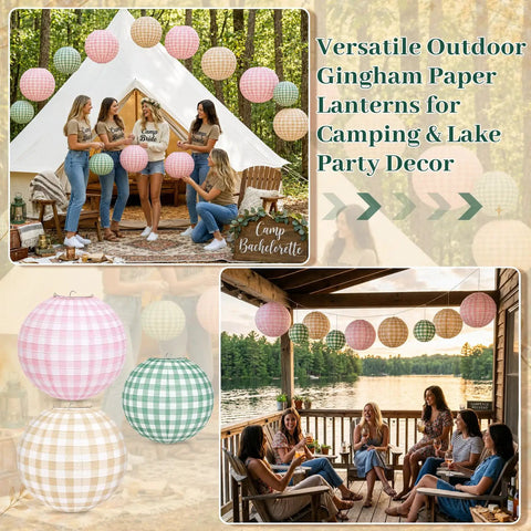 12 Pack Camp Bachelorette Paper Lanterns Set in Gingham Green Tan Pink hanging in a camping setting with women gathered.