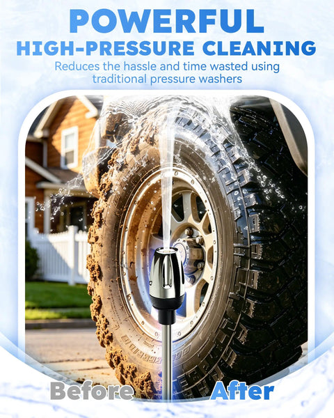 Beast Of A High Pressure Hose Gun Wand For 3/4 Inch Garden Hose cleaning off mud from a car tire on a driveway, powerful spray mode.