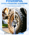 Pro Pressure Washer Gun With Foam Pot, Easy Install Complete Kit in use on a dirty car tire showcasing spray cleaning effect