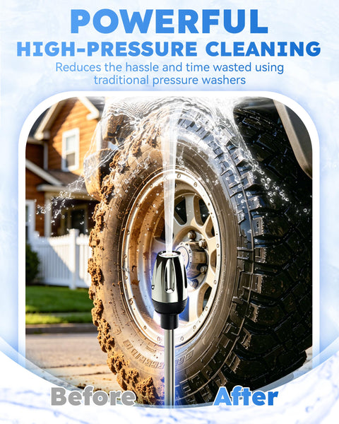 Pro Pressure Washer Gun With Foam Pot, Easy Install Complete Kit in use on a dirty car tire showcasing spray cleaning effect