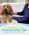 2-In-1 Dematting Grooming Tool For Dogs Prone To Matting With Built-In Finishing Comb Dual-Width Blades On Each Side And Curved Edges For Effortless Detangling Tangles And Smooth Fur, used on dog