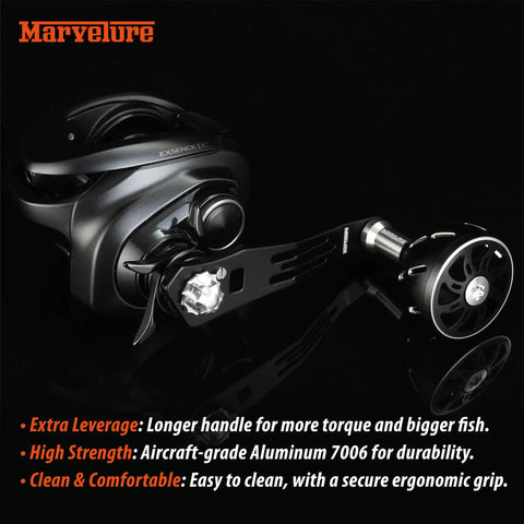 Beefy Power Handle 2.95 Inch 75 Mm For Baitcast Reels Compatible Shimano Curado Tranx shown with reel and aluminum build