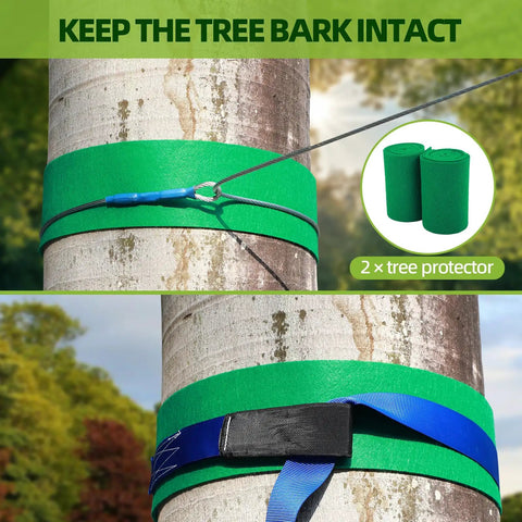Backyard Zipline Kit For Kids And Adults Up To 400 Lbs With Quick Tighten System showing tree protector wrapped around tree trunk.