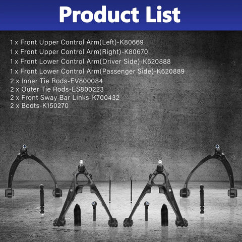 12pcs Front Suspension Control Arm Set For 2007 Through 2014 Chevy Tahoe Direct Fit OE Replacement Front Left And Right Arms For A Smooth Quiet Ride And Easy Bolt On Install product list
