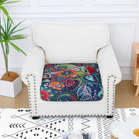 Cozy Ultra Stretch Sofa Cushion Covers For Indoor Outdoor Use on a patterned cushion on white armchair in living room