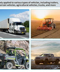 Images of a truck, tractor, ATV, and pickup highlighting versatile use of Beefy Heavy Duty Bottle Jack Axle Adapter Lifting Saddle Cradle.