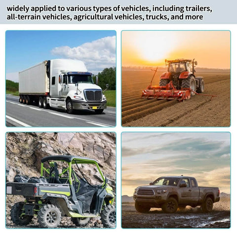 Images of a truck, tractor, ATV, and pickup highlighting versatile use of Beefy Heavy Duty Bottle Jack Axle Adapter Lifting Saddle Cradle.
