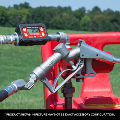 Inline 1 Inch Digital Turbine Meter for Chemical Transfers, Nickel Plated Housing, attached to fuel pump outdoors