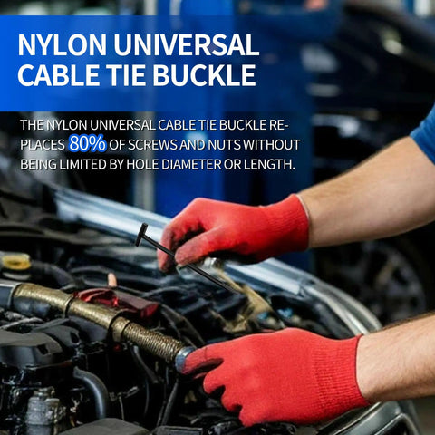 DIY Friendly Double-Sided Nylon Universal Cable Tie Buckles 120 Pack used in automotive repairs by mechanic with red gloves.
