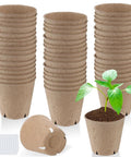 Stack of 3.2 Inch Biodegradable Peat Pots With Drainage Holes, 50 Pack Seedling Starters Kit With 100 Plant Markers shown with seedling