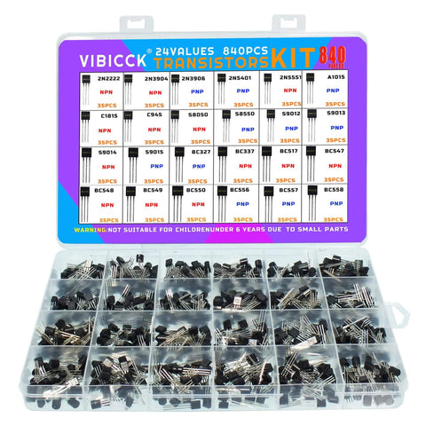 Assorted TO92 Transistor Kit With 840 Pieces, 24 Values, NPN And PNP Bipolar Transistors For DIY Projects And Circuit Design.
