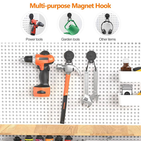 Heavy Duty Magnetic Hooks Set Of 3 For Garage And Workshop Industrial Grade Hangers To Hold Hammer Tools Drills Garden Hose And More Rubber Coated To Prevent Scratches On Surfaces For Indoor Or Outdoor Use holding various tools on a pegboard.