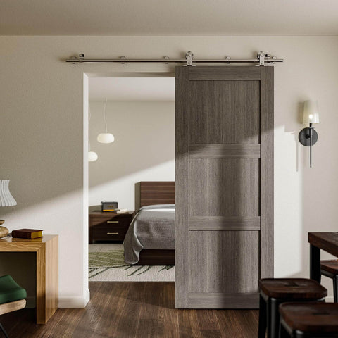 Heavy Duty 5ft Stainless Steel Sliding Barn Door Track Kit With Quiet Glide Rollers For A Single Door Supports Up To 220 Lbs Fits Doors Up To 30 Inches Wide Anti Rust Long Lasting Hardware installed in modern living space
