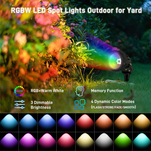 Christmas RGBW Landscape Spotlight 12W Outdoor Color Changing Yard Lights illuminating garden with remote and modes guide