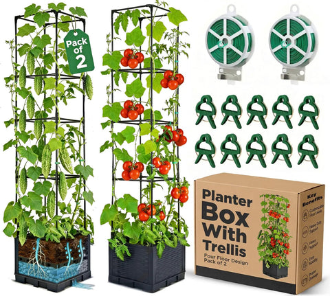 Two Pack 43 Inch Vertical Tomato Planter With Trellis Self Watering Garden Box For Climbing Vegetables Indoor Outdoor Patio