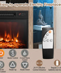 Close-up of corner electric fireplace TV stand with heater and LED lights showcasing easy app control and adjustable shelves.