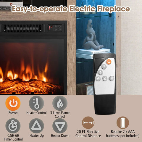 Close-up of corner electric fireplace TV stand with heater and LED lights showcasing easy app control and adjustable shelves.