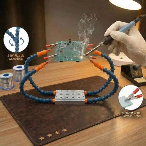 Four Arm Handy Helping Hands Pro Grade With Eleven Point Eight Inch Extended Gooseneck And Three Sixty Degree Rotating Alligator Clamps Third Hand PCB Holder for soldering electronics on desk