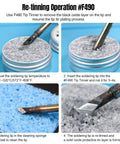 Image of re-tinning operation with soldering tip using F490 Tip Tinner, showing cleaning and re-tinning process steps.
