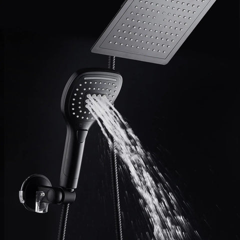 Ultra Luxury 9 Inch Rainfall Shower Head And Handheld Combo With Push Button Flow Control For One Handed Operation In Matte Black