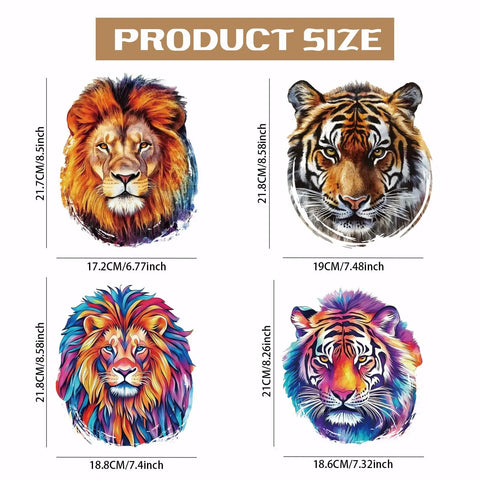 Four Lion And Tiger Iron On Transfer Stickers Set For T Shirts And Hoodies Washable Heat Transfer Decals Ready To Press