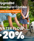 Two children washing a dog in a garden with a hose, showcasing upgraded structural combo for stable water pressure and 20% water flow increase.