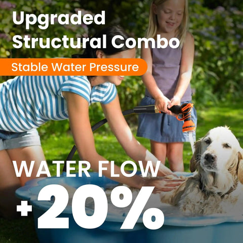 Two children washing a dog in a garden with a hose, showcasing upgraded structural combo for stable water pressure and 20% water flow increase.