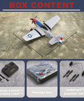 Box content of Noob Friendly RC Plane With P51 Style Fighter Look 2 4 GHz Remote Control 3 Channel Flight 6 Axis Gyro Stabilizer Durable EPP Foam Build Easy To Fly For Adults And Newbies including plane, remote, and parts