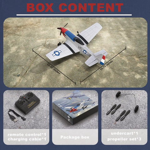 Box content of Noob Friendly RC Plane With P51 Style Fighter Look 2 4 GHz Remote Control 3 Channel Flight 6 Axis Gyro Stabilizer Durable EPP Foam Build Easy To Fly For Adults And Newbies including plane, remote, and parts