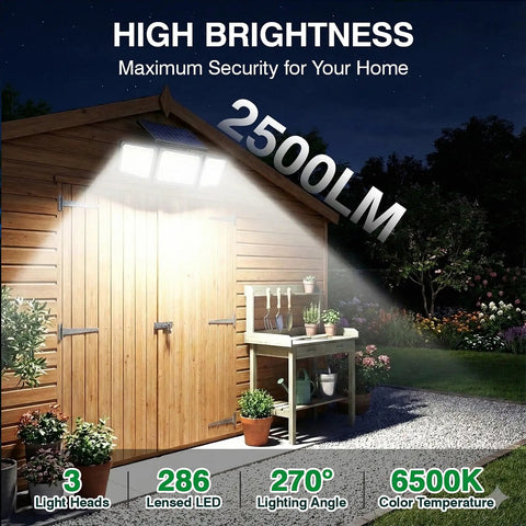 Kickin Outdoor Solar Motion Sensor Flood Lights With 2500LM 286 LEDs illuminating wooden shed at night