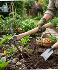 Gardener using 2 In 1 Garden Hoe And Pickaxe With Wooden Handle Heavy Duty Weeding And Digging Tool For Home Garden Yard And Planting Beds.