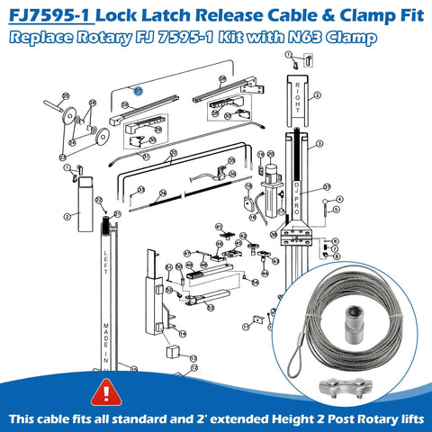 Diagram of FJ7595-1 lock release cable and clamp for Rotary lifts with Heavy Duty Lock Release Cable And Fixture Kit