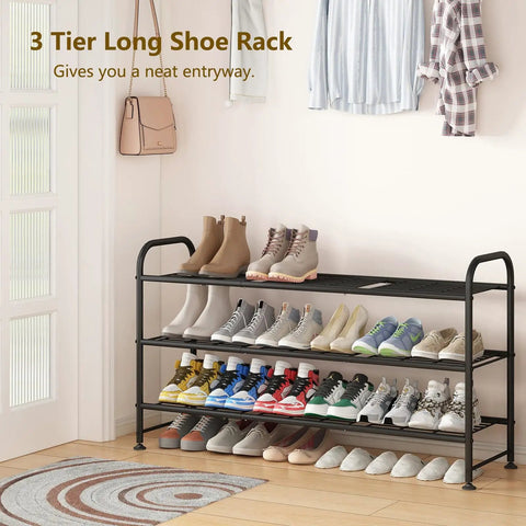 Heavy Duty Metal Shoe Rack With Three Long Shelves Holds Up To Twenty Four Pairs Straight Up Solid Entryway Organizer Built Tough For Sneakers Boots And Everyday Kicks Storage