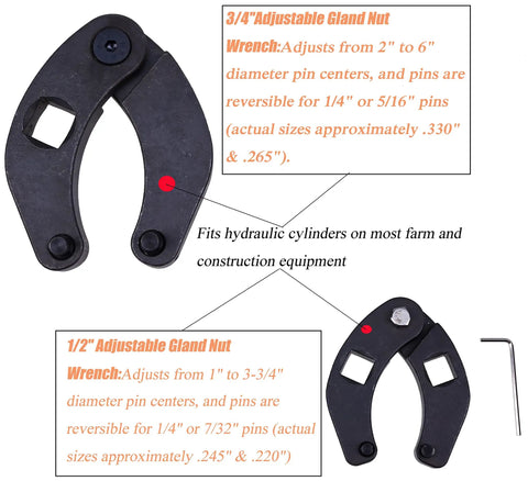 Adjustable Gland Nut Wrench Set For Hydraulic Cylinders Three Quarter And One Half Inch Must Have Eight Piece Install Tool Set And Three Piston Rod Seal U Cup Installation Tools Universal J05321 Hydraulic Cylinder Tools. Image shows two adjustable gland nut wrenches with size details.