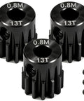 Three Pack 0.8M 5mm Pinion Gear Sets For RC Cars Hardened Steel 13T, black close-up view with screws, compatible with HPI Kyosho