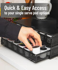 Hand accessing Two Drawer Coffee Pod Organizer With Removable Dividers Fits Up To 72 Pods Or Mix Of Pods And Office Essentials