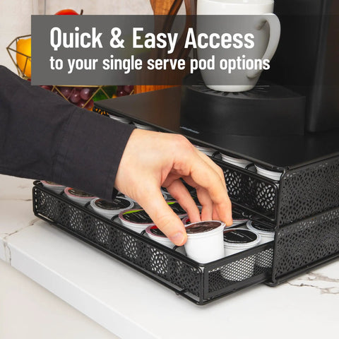 Hand accessing Two Drawer Coffee Pod Organizer With Removable Dividers Fits Up To 72 Pods Or Mix Of Pods And Office Essentials