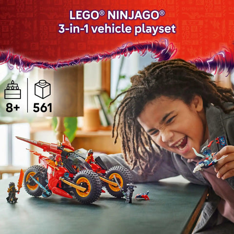 Child playing with NINJAGO Ninja Combat Vehicle 3 In 1 Building Toy Set For Kids Ages 8 And Up Dragon Rising Build Kit with minifigures