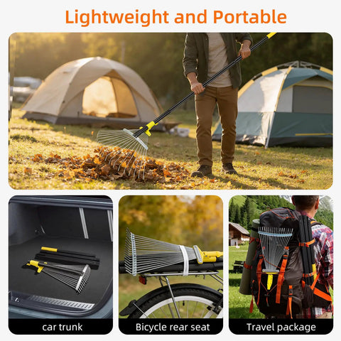 Go To Adjustable Metal Leaf Rake With Wide And Narrow Modes for lawn care, shown in use, alongside portability in trunk, bike, backpack
