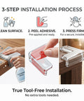 3-step installation process for Top Notch Baby Corner Protectors 16 Piece Clear Table Edge Guards with heavy duty adhesive.