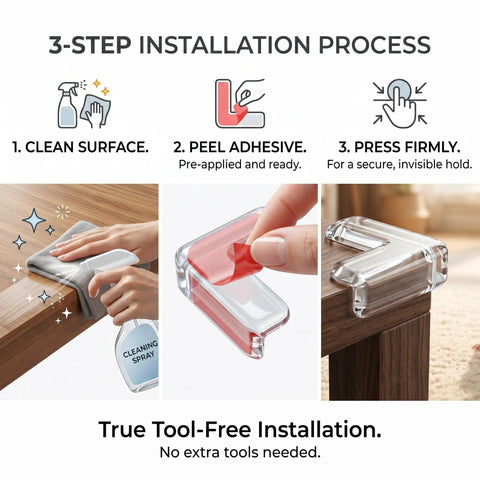 3-step installation process for Top Notch Baby Corner Protectors 16 Piece Clear Table Edge Guards with heavy duty adhesive.