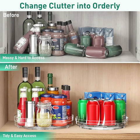 Before and after pantry organization with 2 Pack Lazy Susan Turntable Organizer 9.5 Inch Spice Rack For Cabinet And Refrigerator