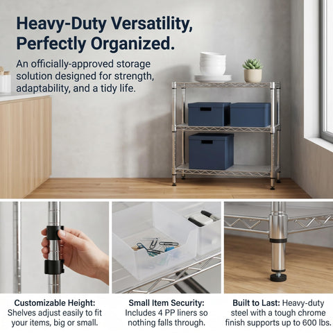 Adjustable Four Tier Wire Shelving Unit With Black Metal Frame And Plastic PP Shelves for kitchen storage, close-up view